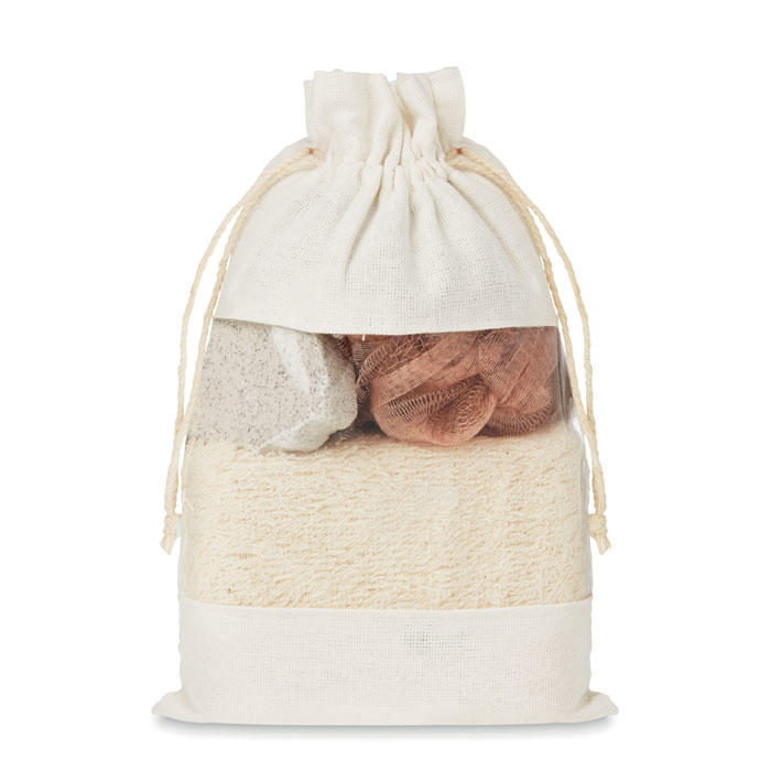 Bath Set in a drawstring bag with window (beige colour)