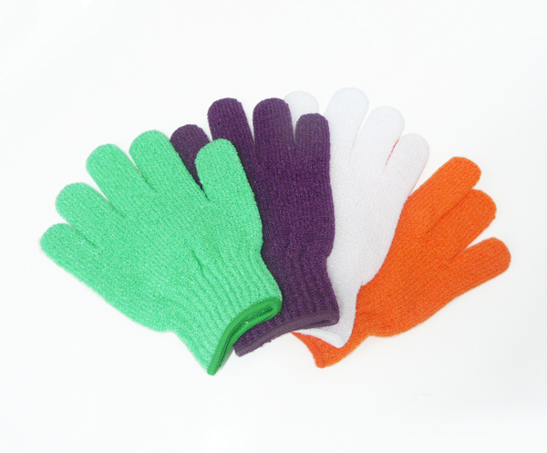 Exfoliator gloves in purple, green, white, and orange