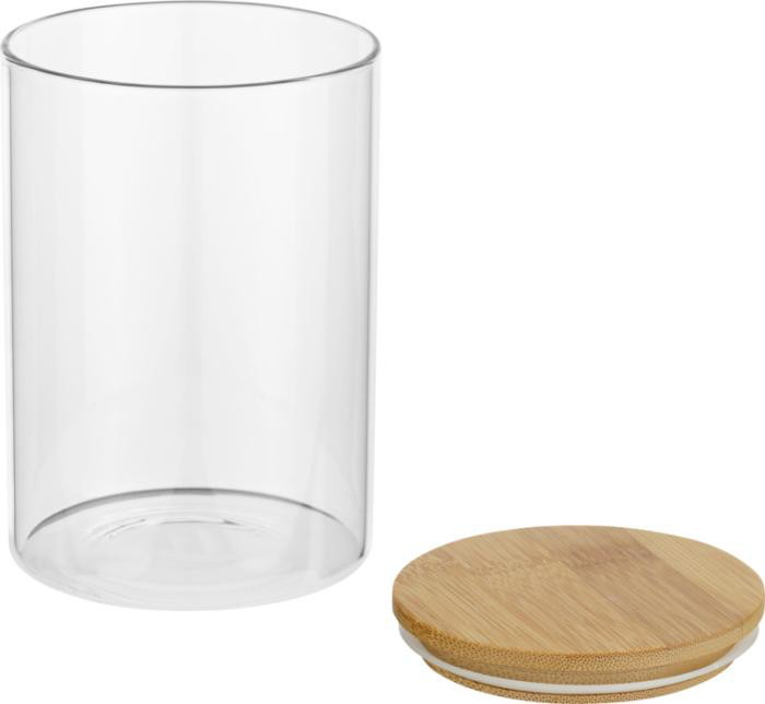 Clear food container, with a light brown bamboo lid on the side