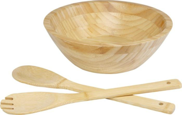 A light brown salad bowl with spoon and fork