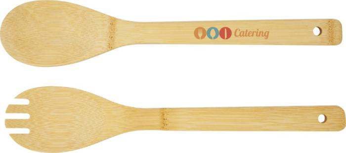 the light brown spoon and fork with engraving branding