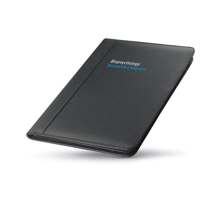 Black leather conference folder with branded logo on the front