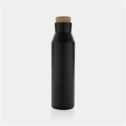 black stainless steel water bottle with a light brown lid