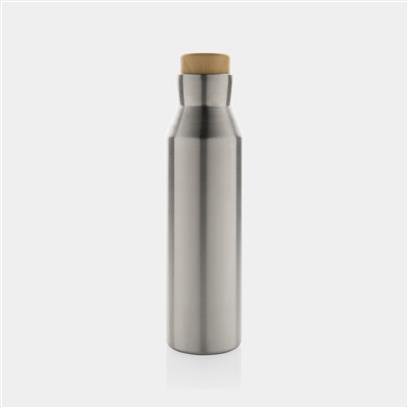silver stainless steel water bottle with a light brown lid