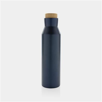 navy stainless steel water bottle with a light brown lid