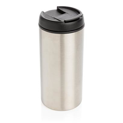 silver flask with a black lid