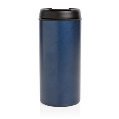 navy flask with a black lid