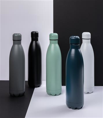  stainless steel bottles in kaki green, black, white, navy, and grey