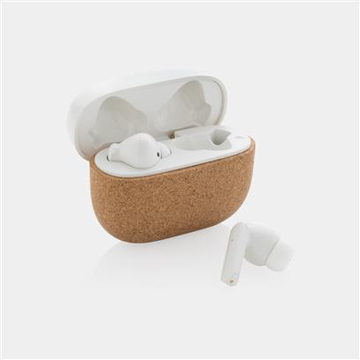 white earbuds in a light brown cork case