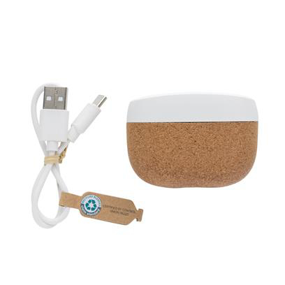 white earbuds in a light brown cork case with a white cable