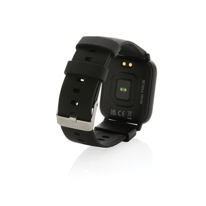 black fitness watch with square / rectangular screen (backwards view)