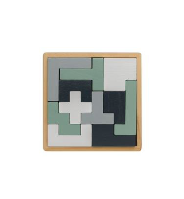 Wooden puzzle with green, white, black and grey pieces