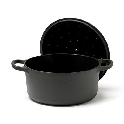 Dark green cast iron pot with the lid open