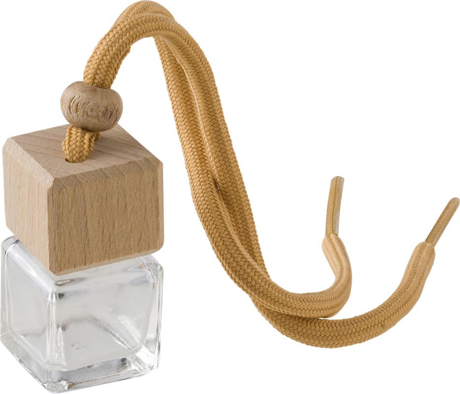 transparent glass air freshener (cube shape) with light brown lid and rope