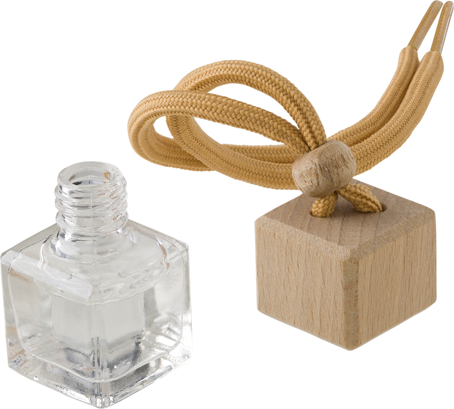 transparent glass air freshener (cube shape) with light brown lid and rope