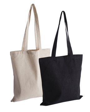 A natural and a black canvas tote bag side by side