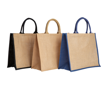 Three Jute bags with yellow, black, and blue edges