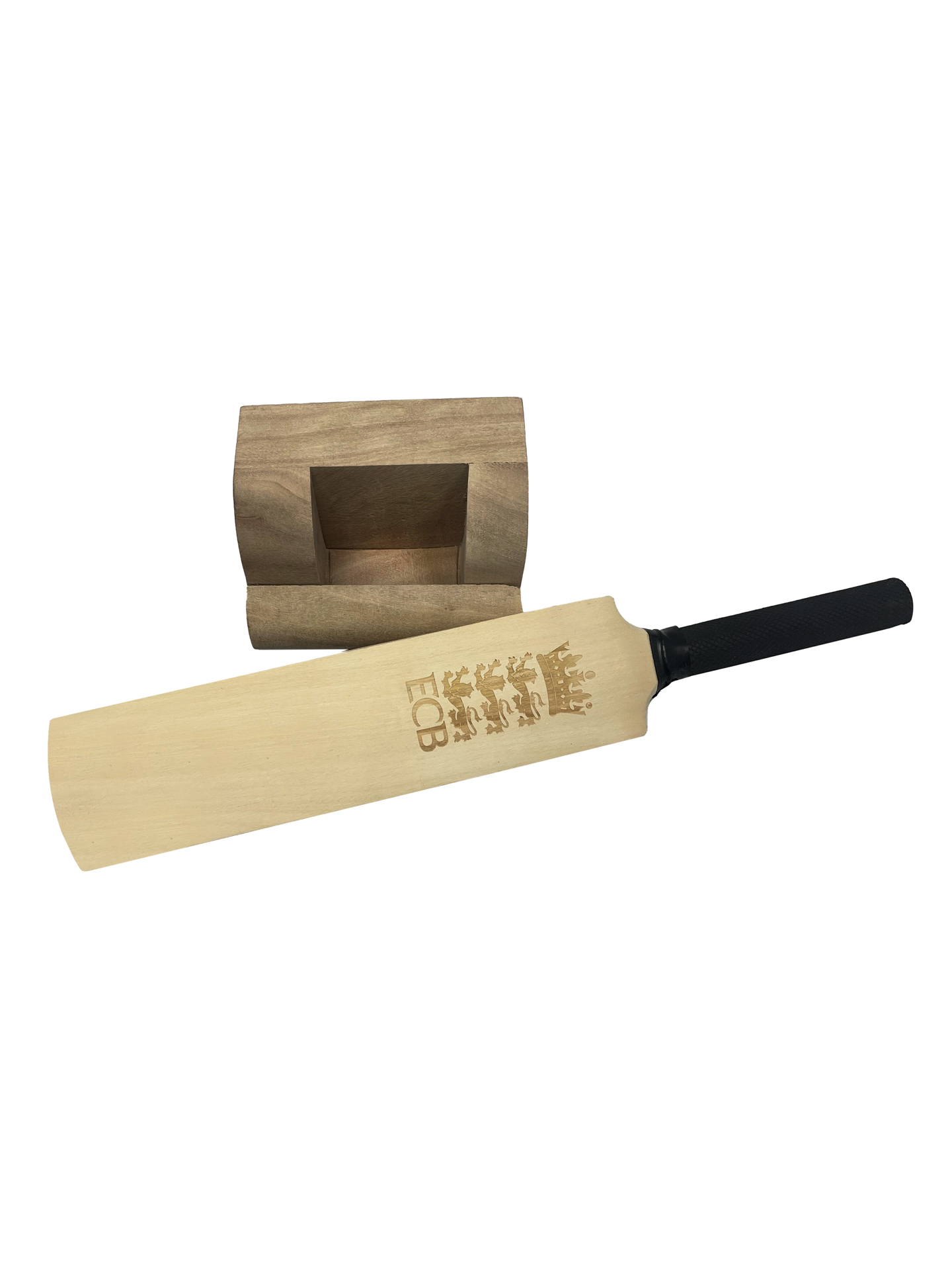 A light brown mini cricket bat next to its stand