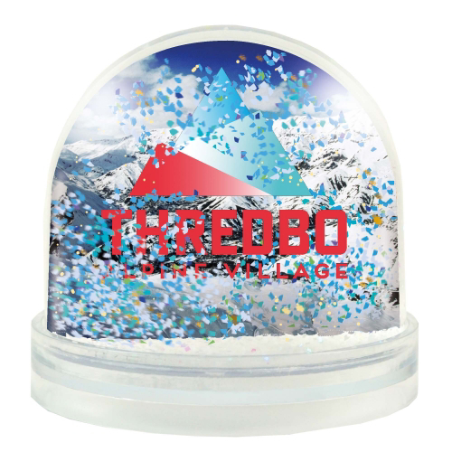 a snow globe with a white frame and blue background 
