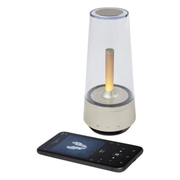 bluetooth speaker with light inside and showing a phone connected