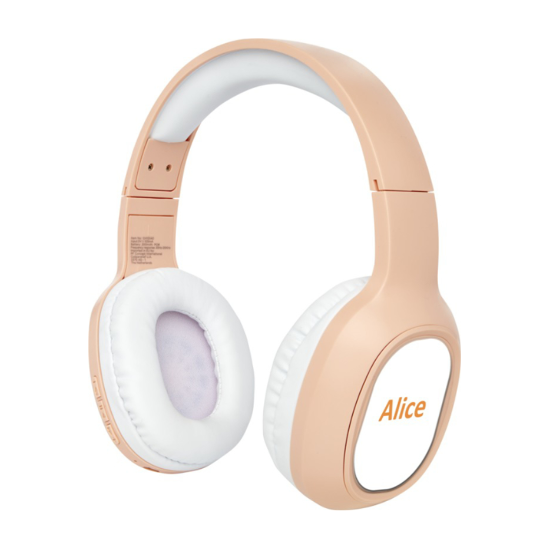 baby pink wireless headphones with print to one ear