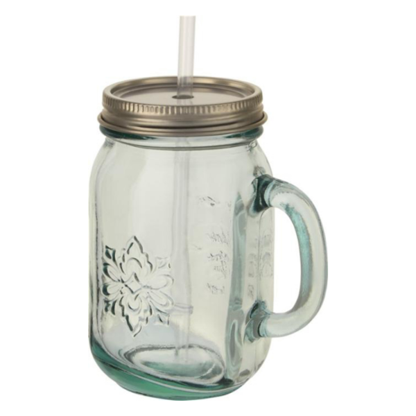 recycled glass mug with a stainless steel lid and a straw