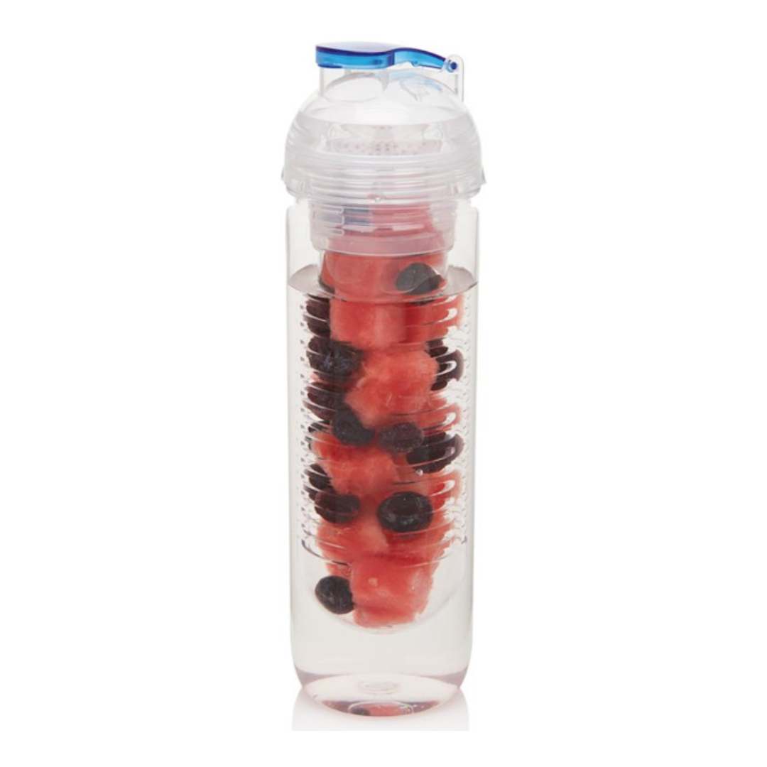 clear water bottle with blue flip top and fruit filled fruit infuser
