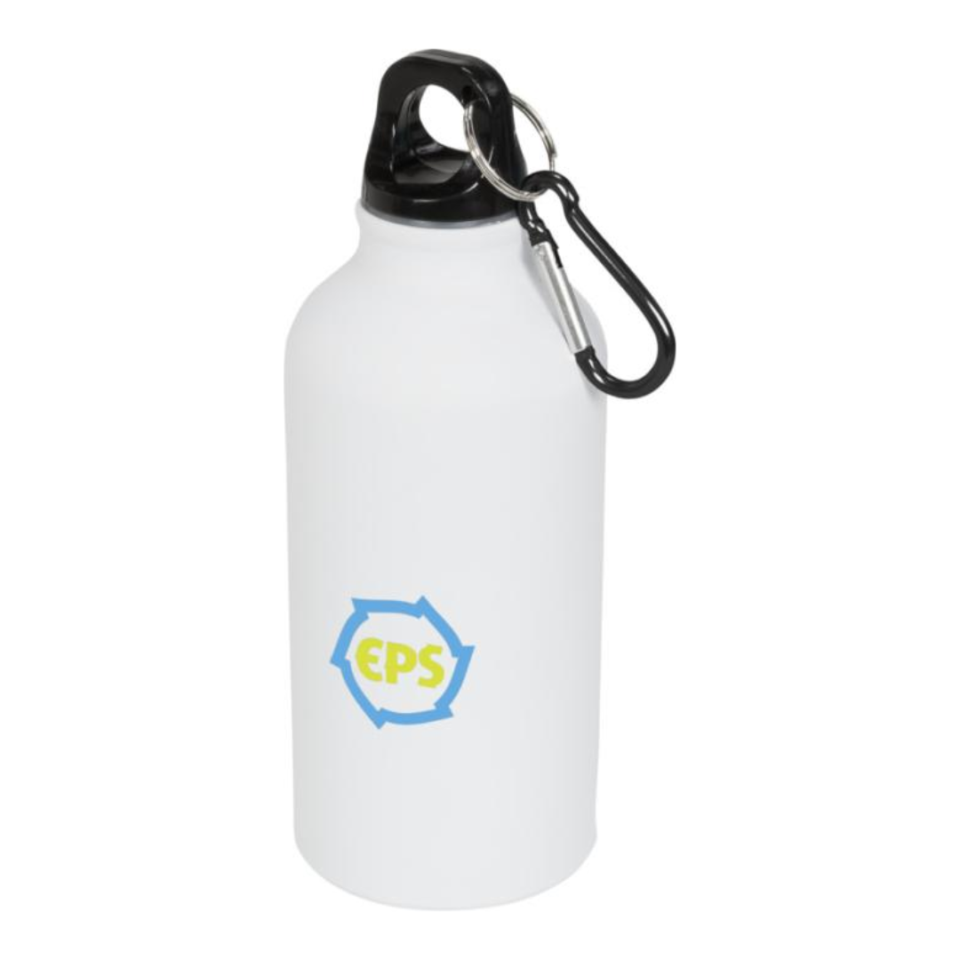 white 400ml metal bottle with a 2 colour print