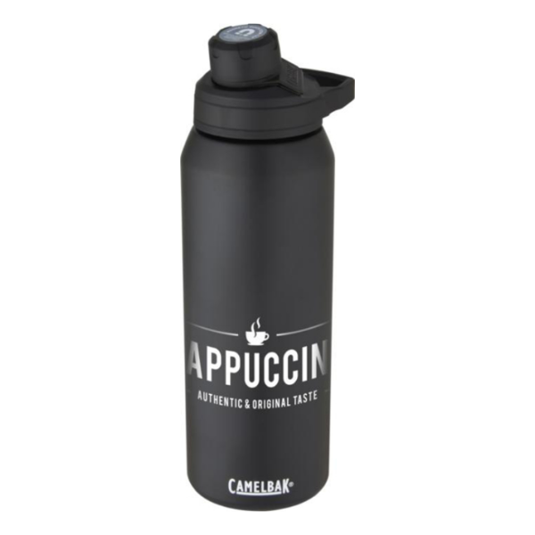 Insulated stainless steel sports bottle showing front logo in solid black
