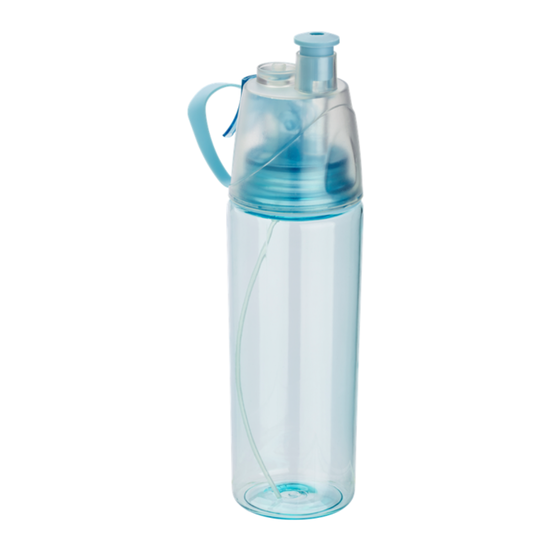 Plastic water bottle with a blue tint, a spray function, and drinking spout
