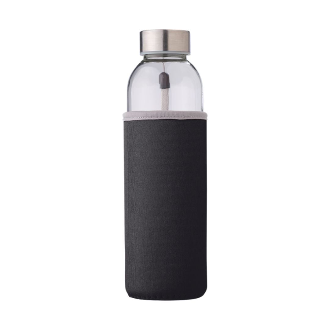 A glass bottle with a metal lid, with a black sleeve on the outside