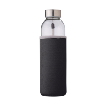 Show details for Glass bottle with neoprene sleeve A glass bottle with a metal lid, with a black sleeve on the outside