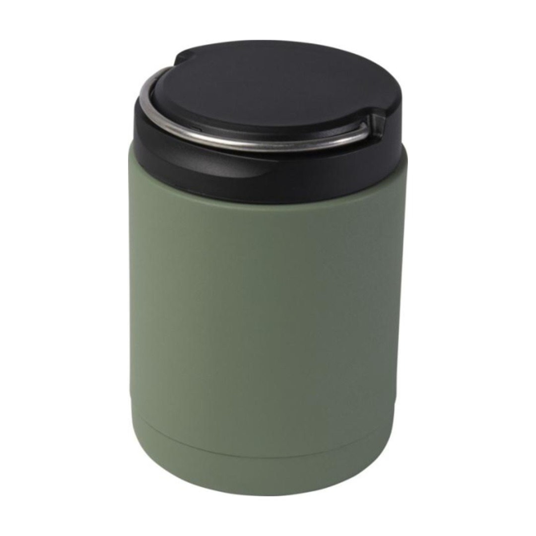 green circular lunchbox with a black lid and a sleek silver handle