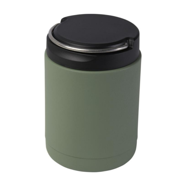 green circular lunchbox with a black lid and a sleek silver handle