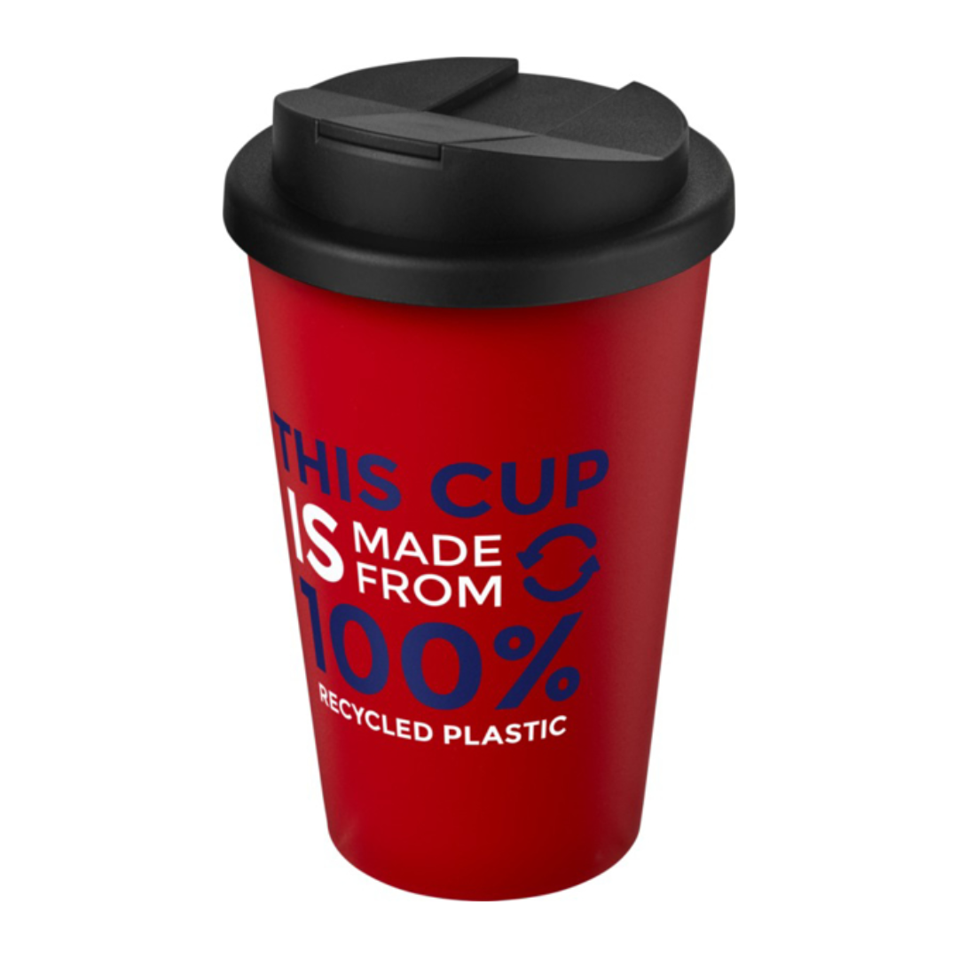 red americano style coffee mug with print on the side