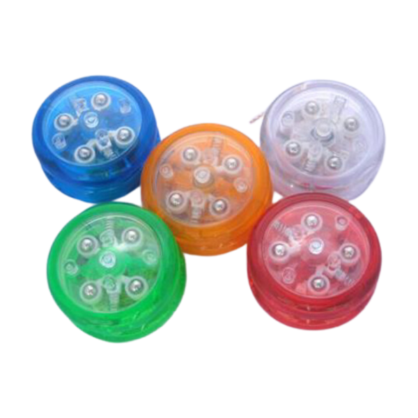 5 clutch yoyos in blue, orange, green, white and red