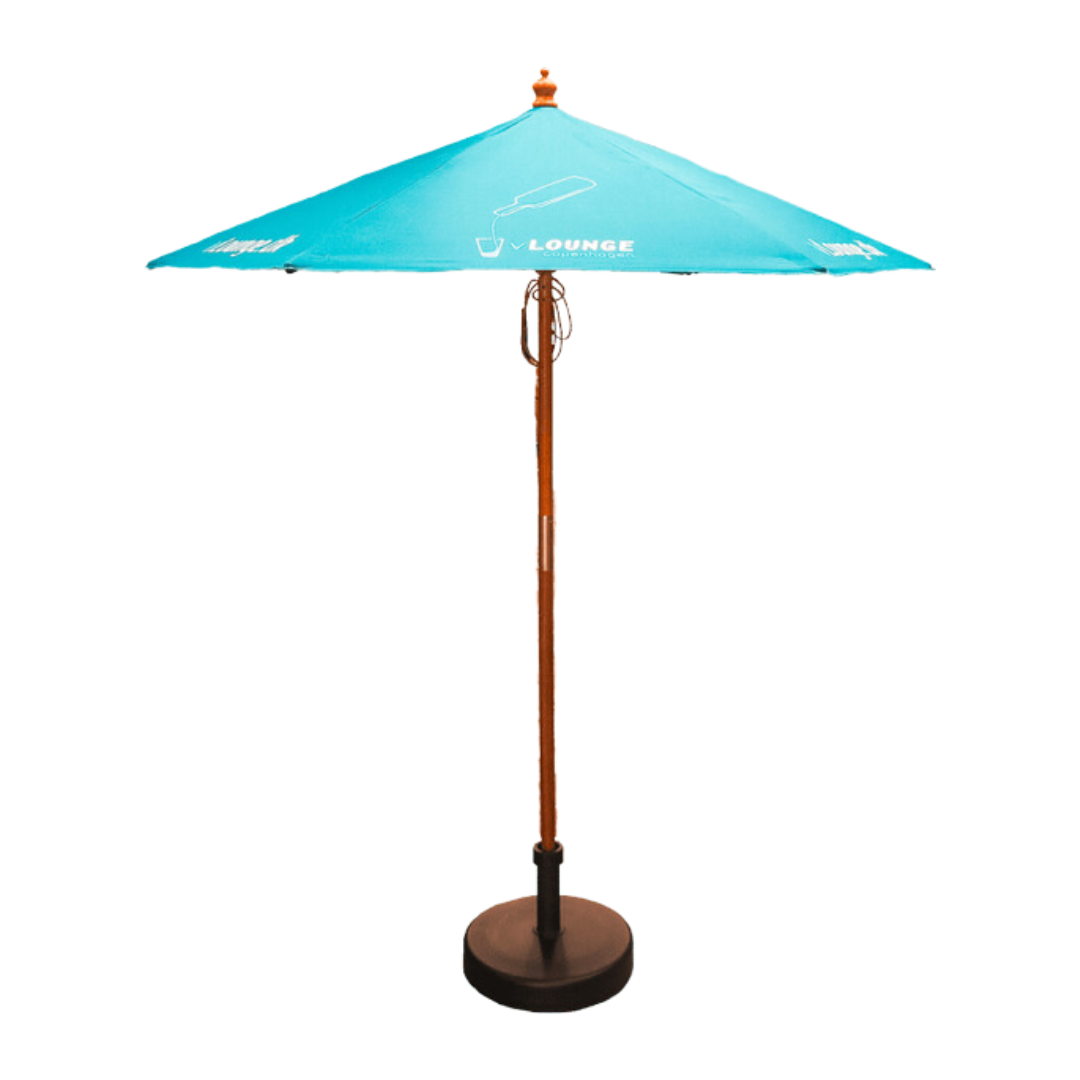 open wooden parasol with blue canopy