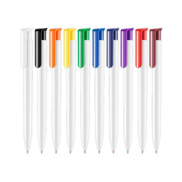 low cost plastic pen with white body available in a range of different clip colours