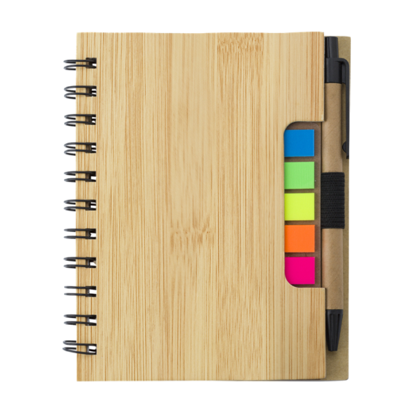 Wire bound notebook with a ballpen and mutlicoloured sticky notes (front facing)