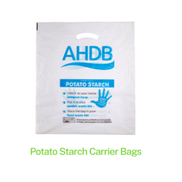 Show details for Potato Starch Plastic Carrier Bag A clear plastic carrier bag with blue writing and a logo on the front