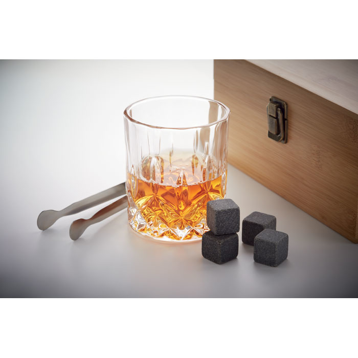 Whisky glass with presentation box and ice cubes