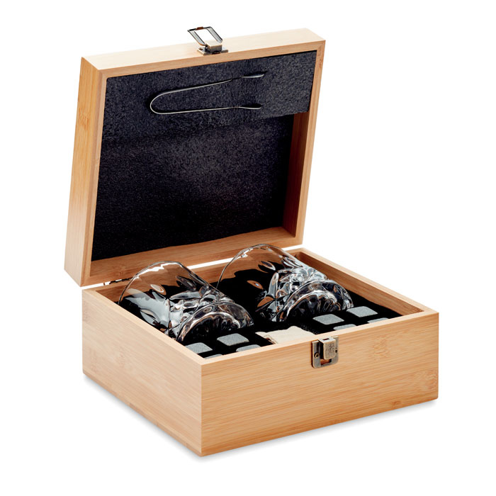 whisky glass set inside a wooden presentation box