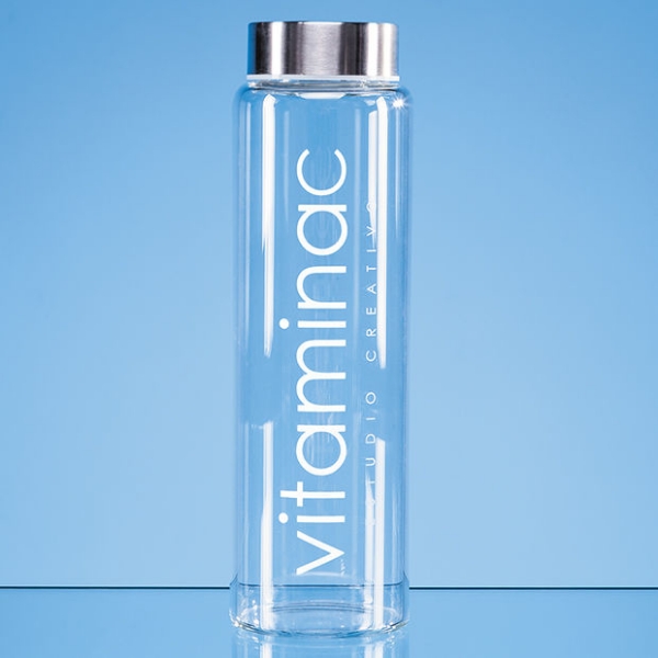 glass water bottle with screw top lid - engraving to one side of the bottle
