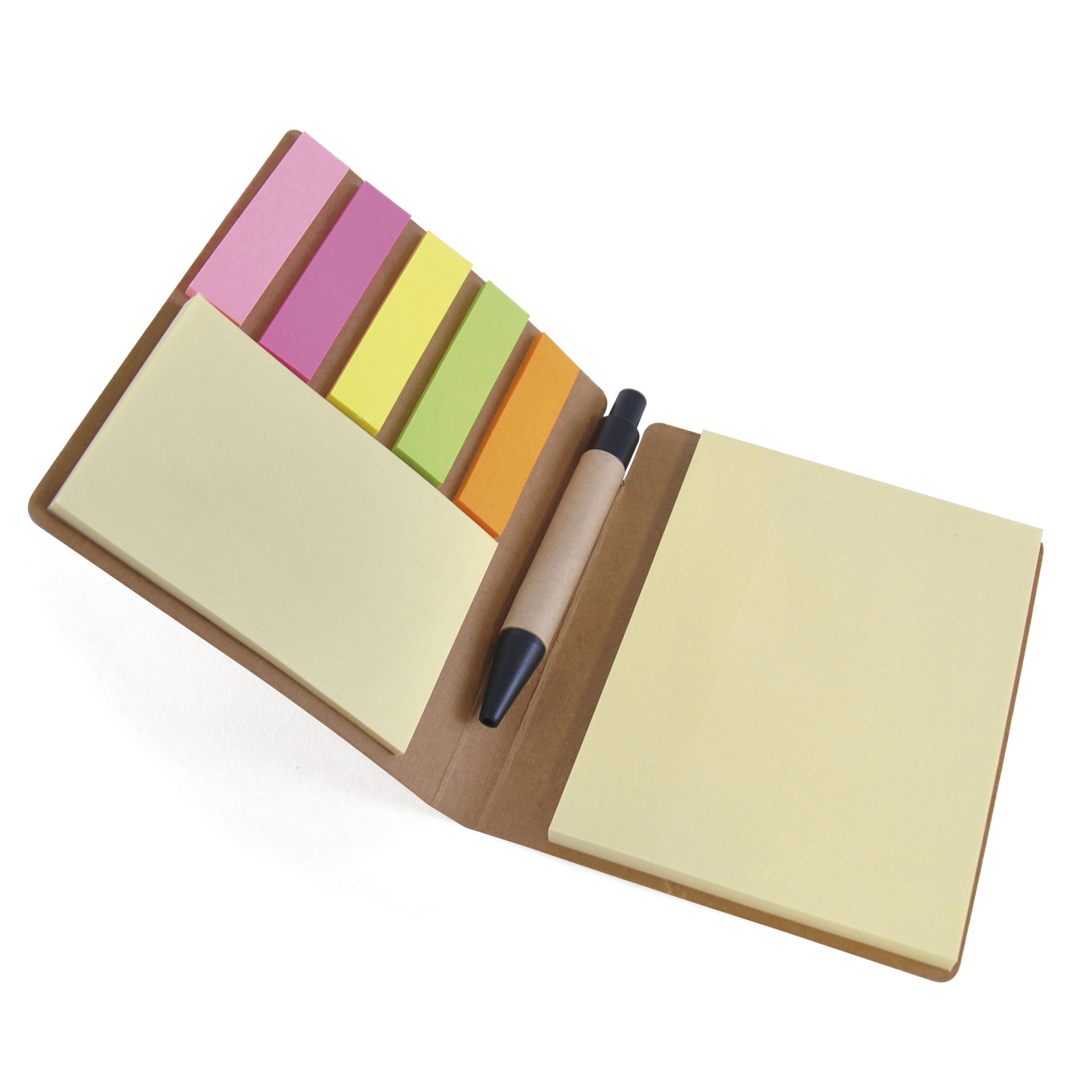 Dunmore notebook open showing sticky notes and pen inside