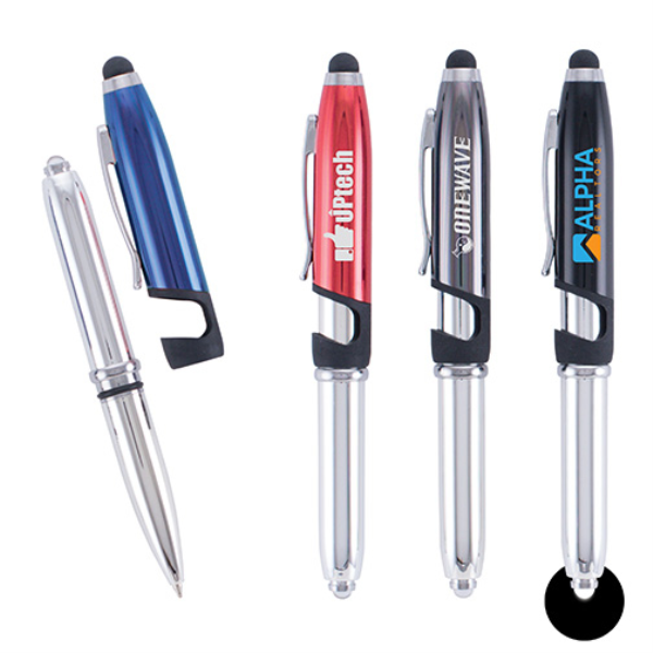 Brand tech pen group shot, blue, red , silver and black