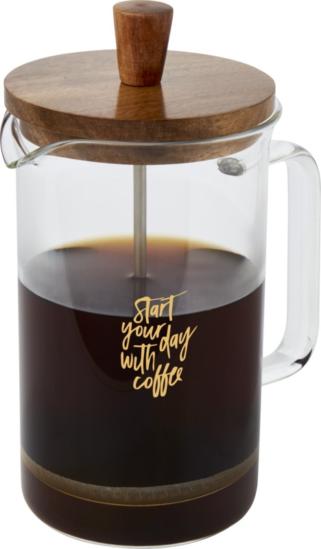 A clear glass coffee press with a dark wooden lid