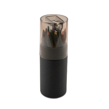 Show details for TUBE OF COLOURING PENCILS black tube filled with colouring pencils with a sharpener in the lid