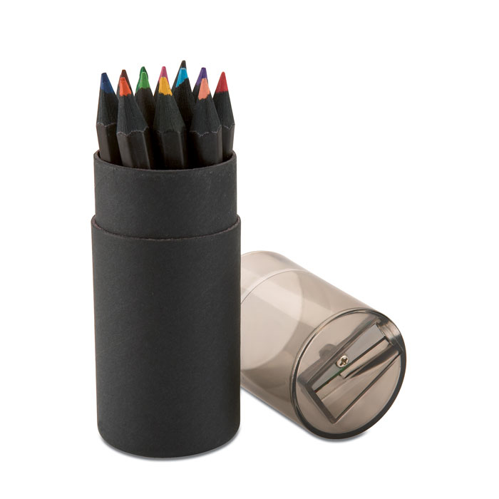 black tube filled with colouring pencils with a sharpener in the lid