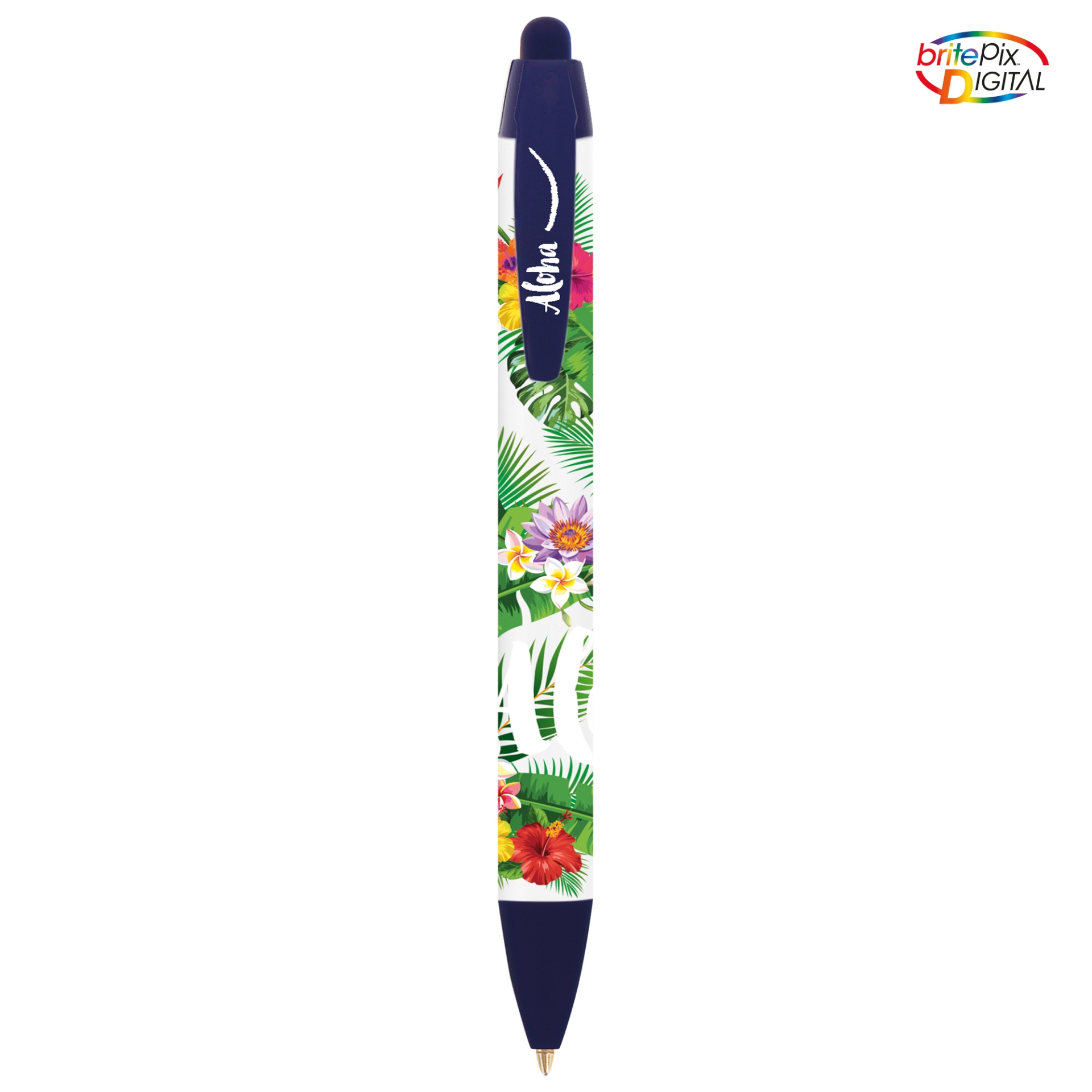 digital print on a wide body pen and navy clips and nip