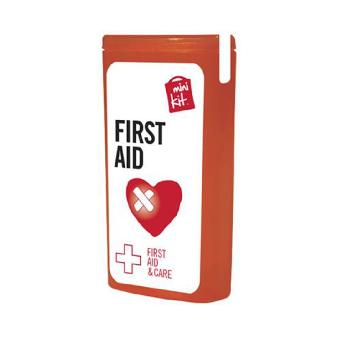 red slim mini first aid kit with contents label